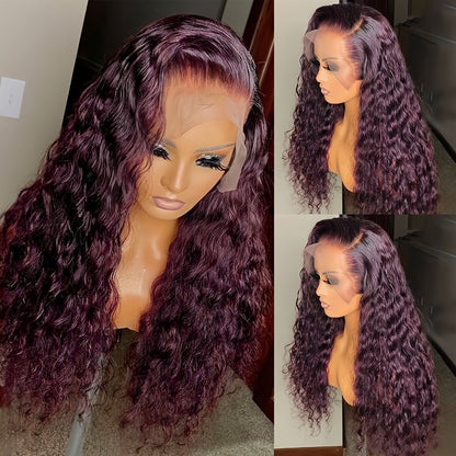 Lace Front Wig 200% Density HD Transparent Lace Curly Deep Wave 99J Burgundy Glueless Pre-Plucked Bleached Knots Natural Hairline Long Voluminous Women 32 Inch Undetectable