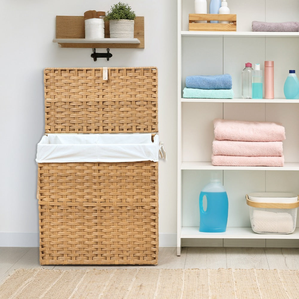 Woven Laundry Hamper with Hinged Lid, Removable Fabric Liner and Side Handles in Two Sizes and Brown or Gray