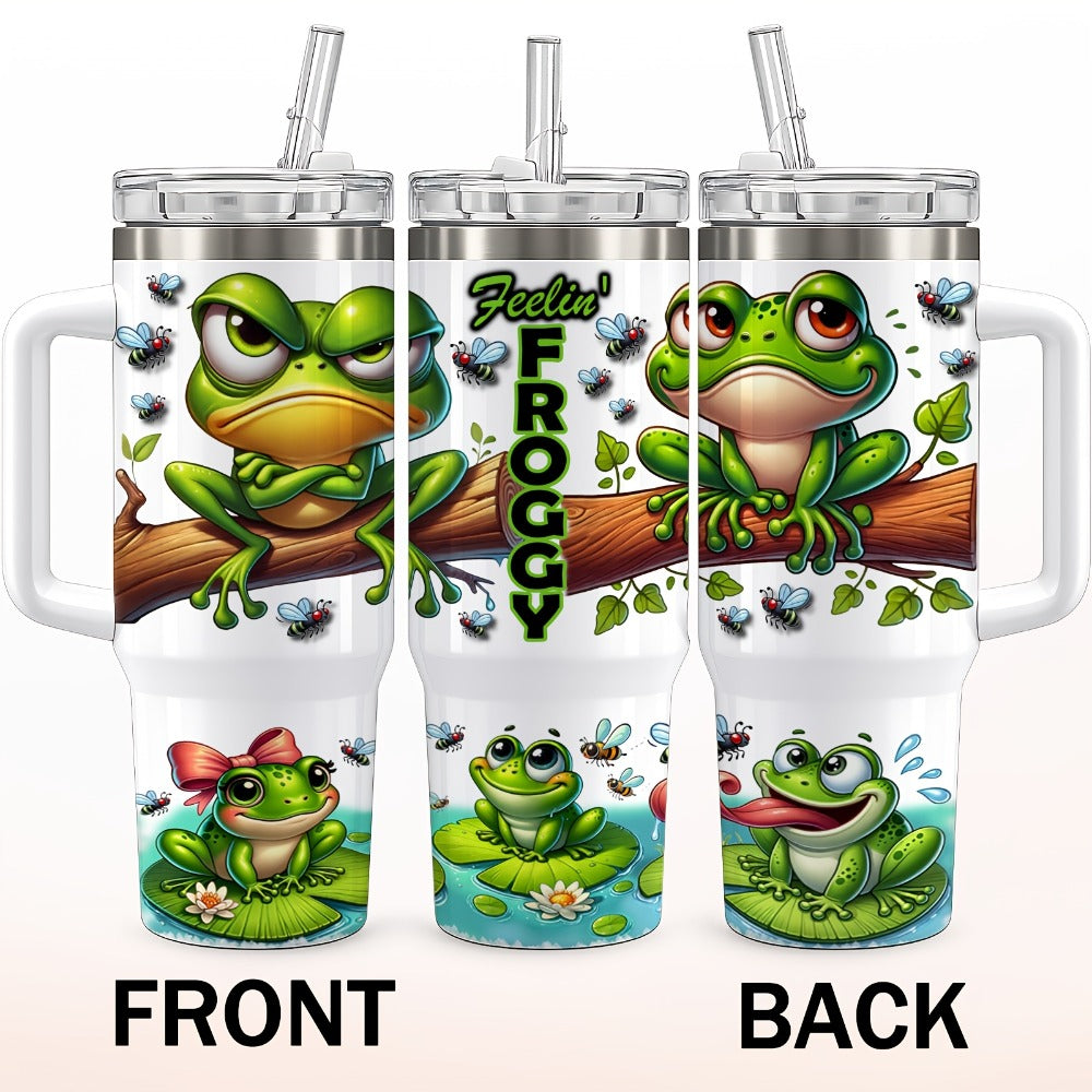 Frog Print Water Bottle Tumbler with Handle, Clear Foldable Straw and 16oz or 40oz Capacity Options