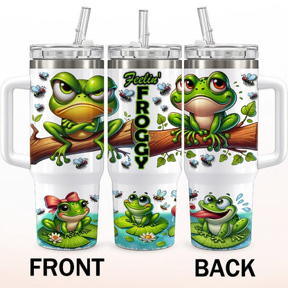 Frog Print Water Bottle Tumbler with Handle, Clear Foldable Straw and 16oz or 40oz Capacity Options