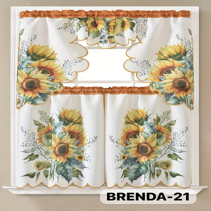 Three-Piece Patterned Kitchen Curtain Set with One Valance, Two Tiers and Forty-Six Exact Design Options