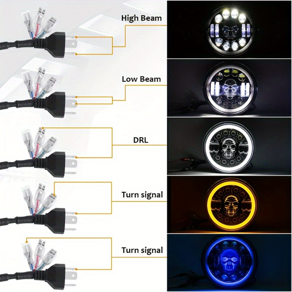 7 Inch Motorcycle LED Headlight Skull Ghost Design - Colorful Demon Eye Round Head Lamp, Custom Car Headlight Modification Front Light for Motorcycle Jeep Truck