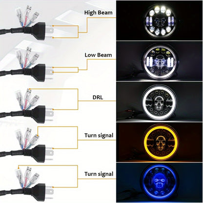 7 Inch Motorcycle LED Headlight Skull Ghost Design - Colorful Demon Eye Round Head Lamp, Custom Car Headlight Modification Front Light for Motorcycle Jeep Truck