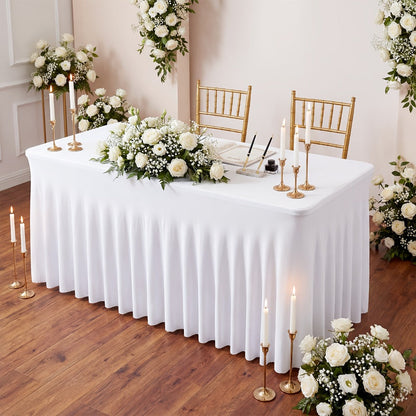 Pleated Rectangle Table Skirts in Black or White with One-, Two- or Four-Piece and Four-Foot Options