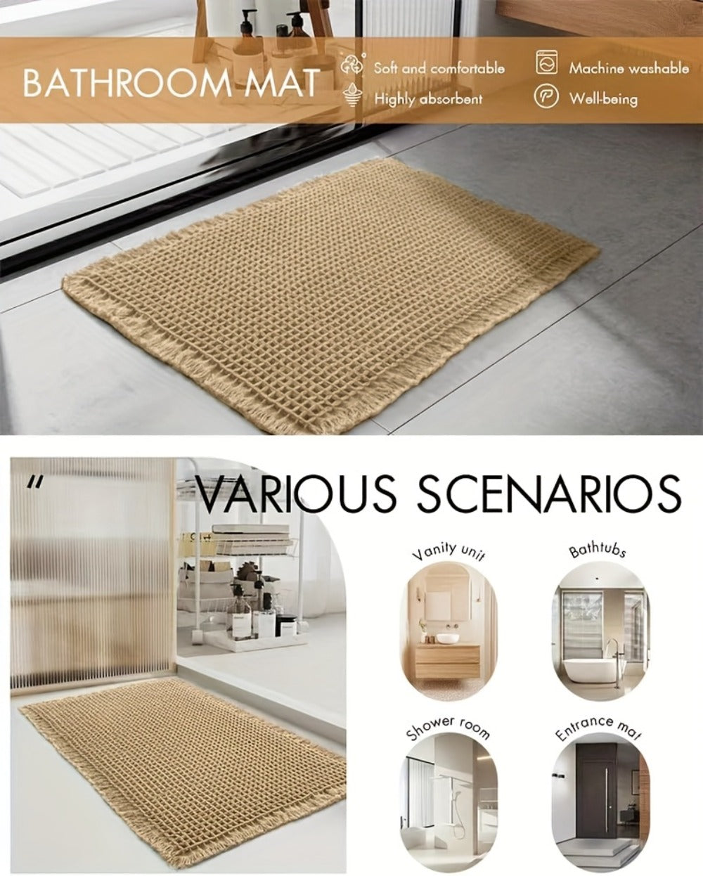 Tasseled Knit Bath Mat with Rectangular Profile, Fringed Edges and 18 x 30 or 24 x 36-Inch Size Options