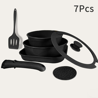 Detachable-Handle Cookware Set in 5-, 7- or 24-Piece Configurations with Stackable Pots, Pans and Lids