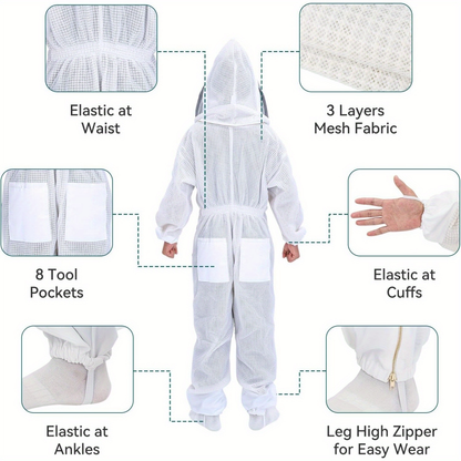 Beekeeping Suit Triple Layer Sting-Resistant Gloves 2 Veils S-3XL for Garden, Patio and Yard Use