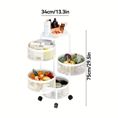 Round-Basket Rolling Storage Rack with Four or Five Mesh Levels, Caster Base and Black or White Finish