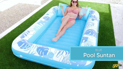 85 x 57-Inch Inflatable Pool Float Tanning Bed in Blue with Open Center, Ribbed Base and Raised Pillow