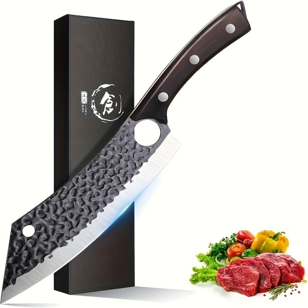 Wide 8-Inch Cleaver-Style Kitchen Knife with Finger Hole, Hammered-Look Blade and Wood-Tone Handle