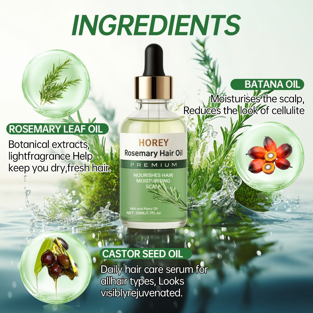Rosemary Hair and Scalp Oil in One- or Two-Bottle 50ml Options with Batana and Castor Seed Oil Labels