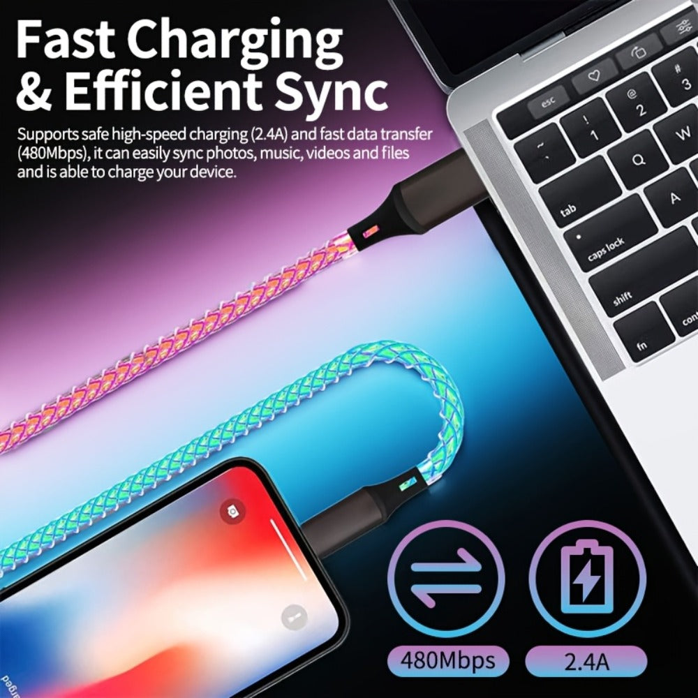 RGB-Lit Braided Charging Cable with USB-A Input and Lightning, USB-C and Micro USB Connector Ends