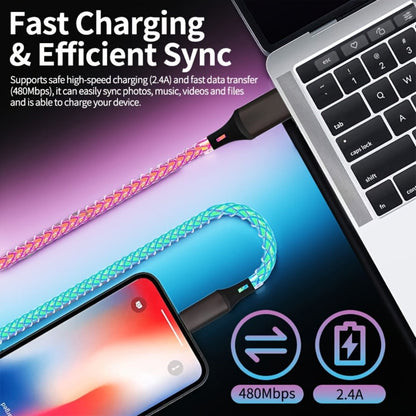 RGB-Lit Braided Charging Cable with USB-A Input and Lightning, USB-C and Micro USB Connector Ends