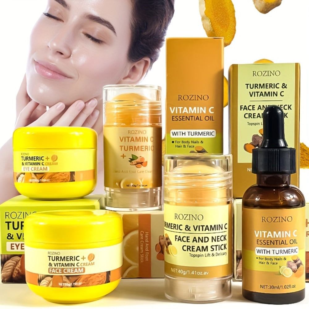 Skincare Set with ROZINO Label, 5 Turmeric and Vitamin C Cream and Serum Items for Face Hands and Feet
