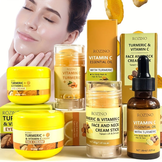 Turmeric Vitamin C Body Care Set 5pcs — Brightening Hydrating Moisturizing Cream for Face, Hands & Feet, Instant Plumping Softening Smoothing Skincare Gift Set for Women