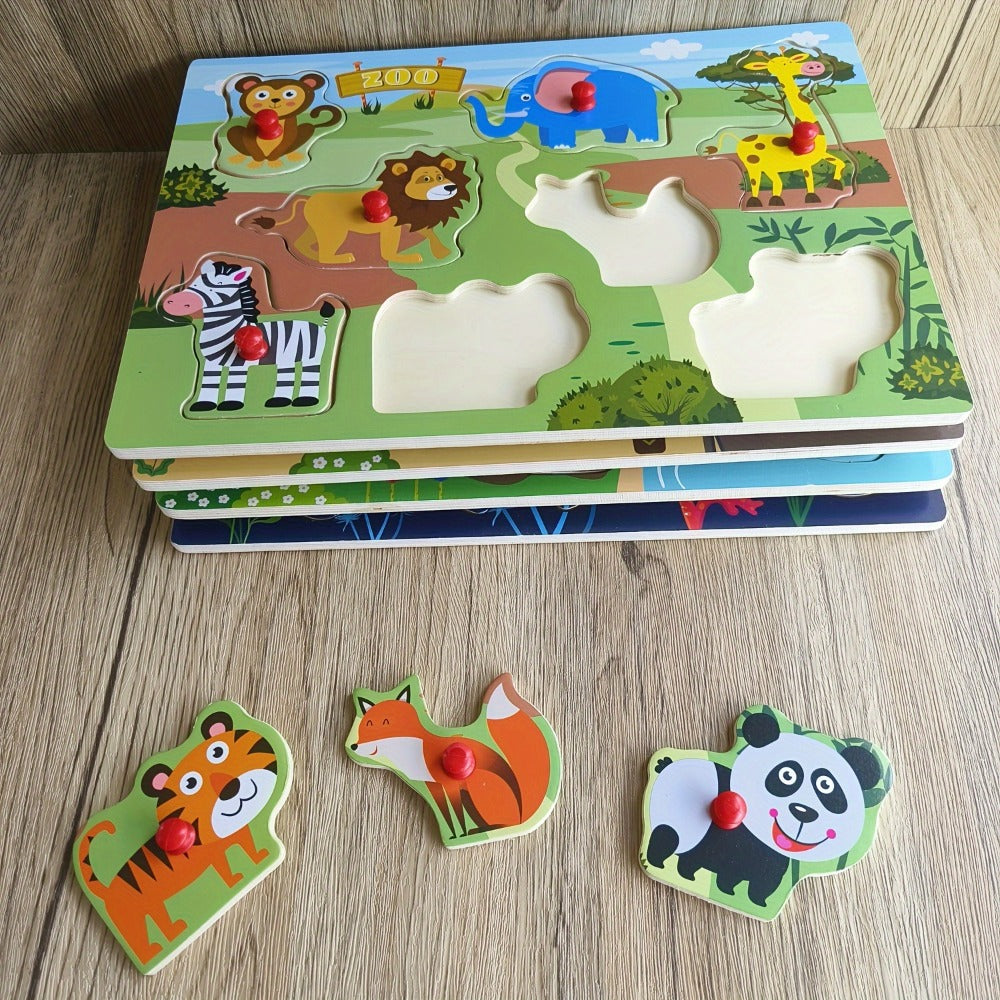 Four-Board Wooden Peg Puzzle Set with Colorful Animal Scenes and Red Knob Pieces for Matching Play