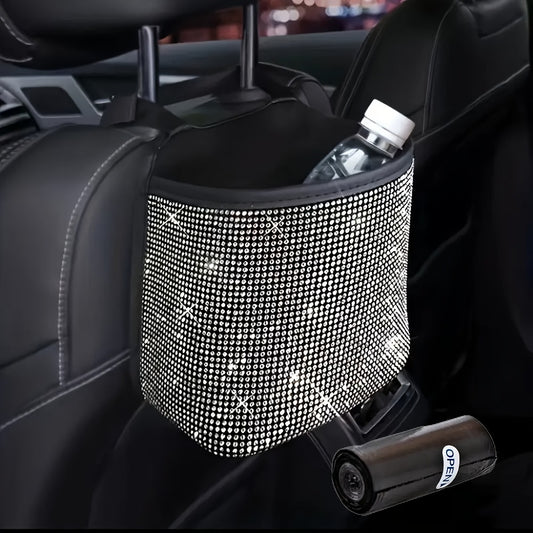Bling Rhinestone Car Trash Can with Trash Bag – Sparkling Crystal Hanging Seat Back Bin, Space-Saving Car Interior Organizer for Women & Girls