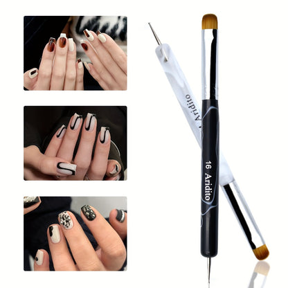 Nail Art Brush Set 4pcs Fine Tip Detail Brushes with Dotting Tool - Nylon Bristle Precision Manicure Brushes #10 #12 #14 #16 for Gel Acrylic French Nail Designs, Salon & Home Use