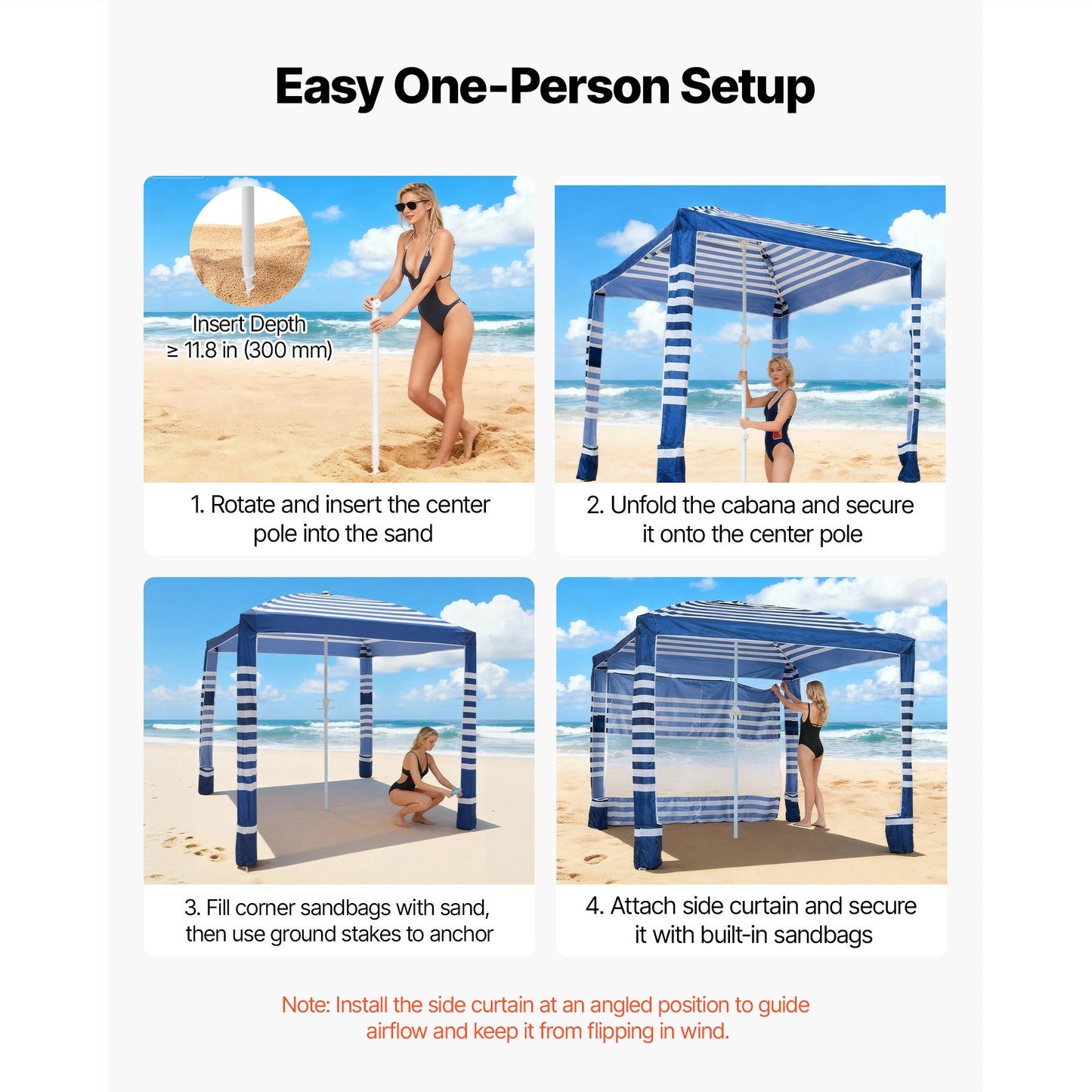Beach Cabana 8x8ft UPF 50+ Adjustable Height Side Wall Navy Stripes