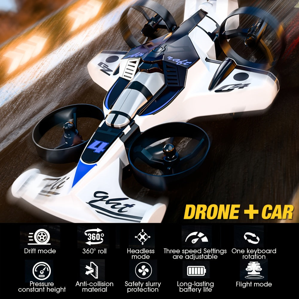 Two-in-One RC Drone and Ground Car with White Body, Two Batteries and Propeller Guards for Indoor Play