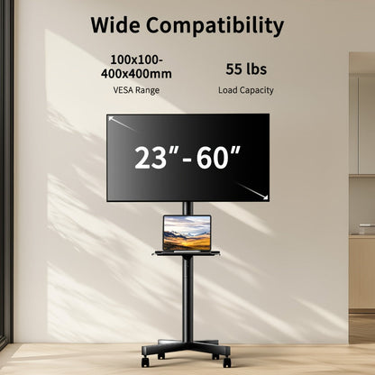 TV Stand Rolling Cart for 23 to 60-Inch Screens with Locking Casters, Media Shelf and Cable Routing