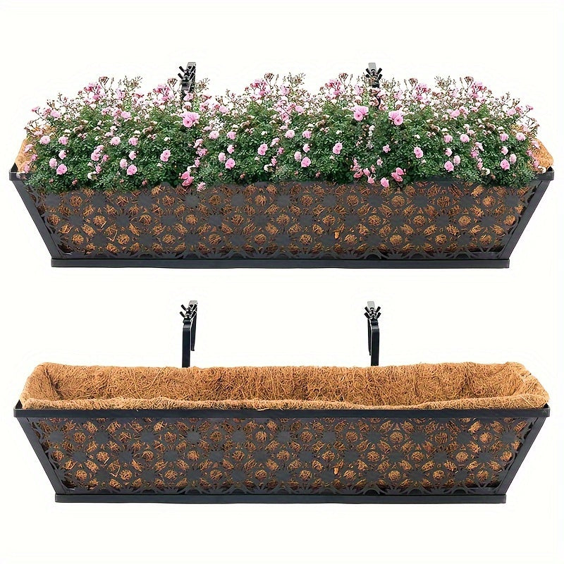 Two-Set Dark Window Box Planter Pair with Pictured Coco-Look Liners and Adjustable Railing Brackets