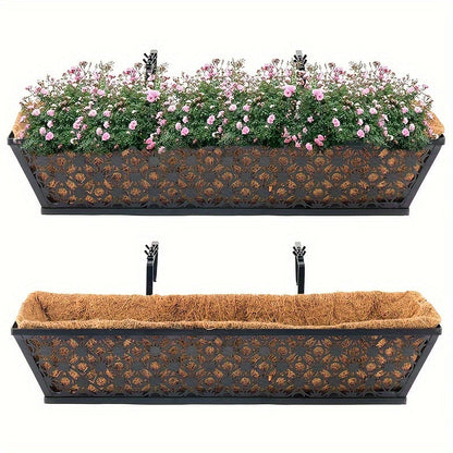 Two-Set Dark Window Box Planter Pair with Pictured Coco-Look Liners and Adjustable Railing Brackets