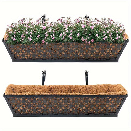 Window Box Planter 24 Inch with Coco Liner Adjustable Railing Brackets Cast Iron Flower Box for Porch Fence Balcony Patio Outdoor Garden Decor 2 Pack