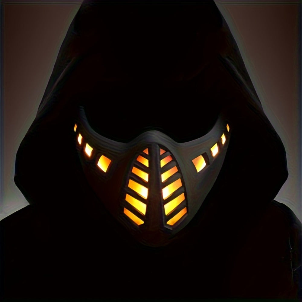 LED Commander Costume Mask with Amber Light Panels, Black Lower-Face Shell and Hood-Style Fabric Cover