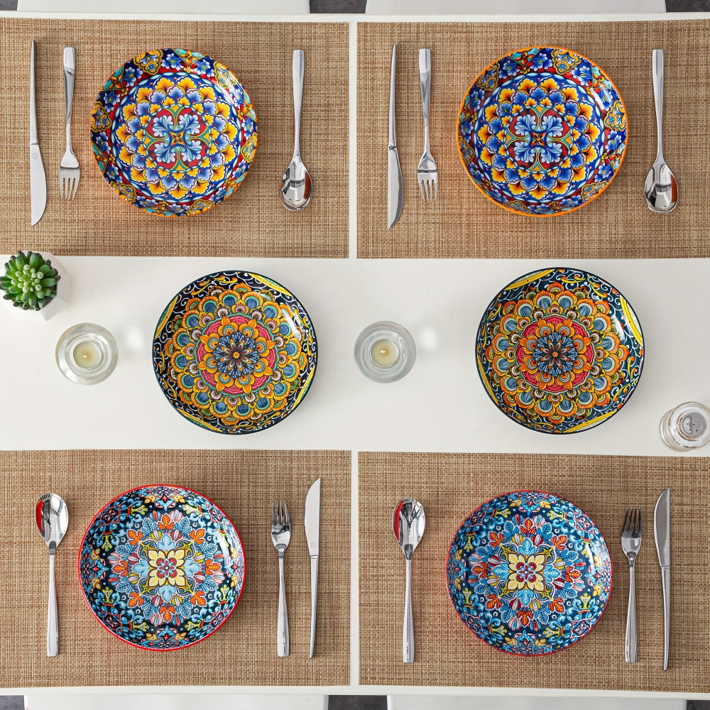 Bohemian Pasta Bowls Set of 6 | 32 Oz Porcelain, Floral Pattern, Microwave & Dishwasher Safe – VANCASSO