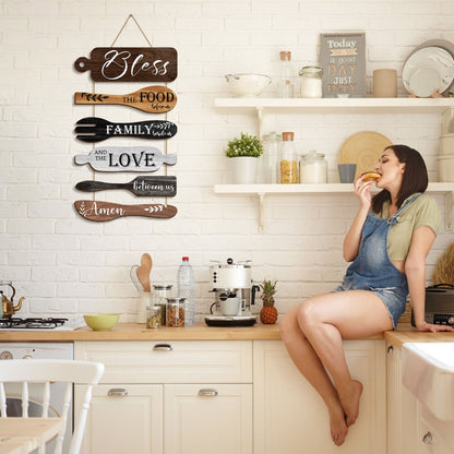 Farmhouse Wall Decor Wood Sign Set - "Bless The Food Before Us" Rustic Kitchen Dining Room Hanging Plaque