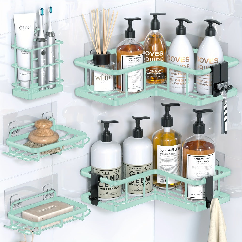 Five-Piece Corner Shower Caddy Set with Soap Holder and Four Removable Hooks in Seven Colors
