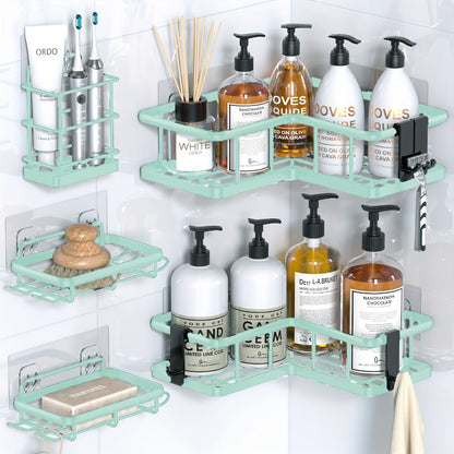 Five-Piece Corner Shower Caddy Set with Soap Holder and Four Removable Hooks in Seven Colors