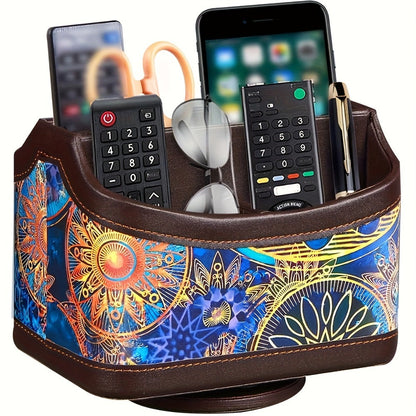 360° Swivel Remote Control Holder with 5 Compartments – PU Leather Desktop Organizer Caddy for TV Remotes, Phones, Glasses, Cosmetics & Stationery, Rotating Storage Box for Home Office Nightstand