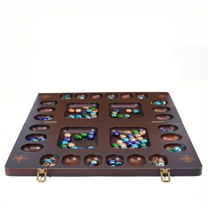 4-Player Mancala Game Set – Premium Solid Wood Folding Board with 108 Multi-Color Glass Stone Beads & Instructions, Upgraded Multiplayer Strategy Game for Teens & Adults, Perfect Family Gift Ages 14+