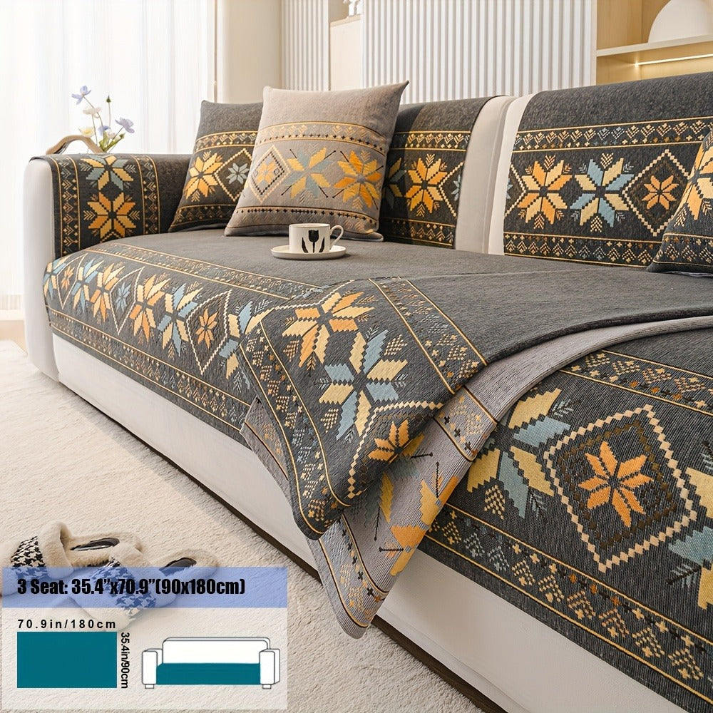 Sofa Cover, Chenille Bohemian-Style Couch Pad in Three Colors with Armrest and One-to-Four-Seat Sizes