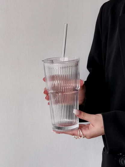 Vintage Striped Drinking Glasses with Glass Straws – 19oz High Borosilicate Iced Coffee Cups Set for Juice, Smoothies & Parties, Thick & Durable Glassware Gift Set (2 or 4 Pack)