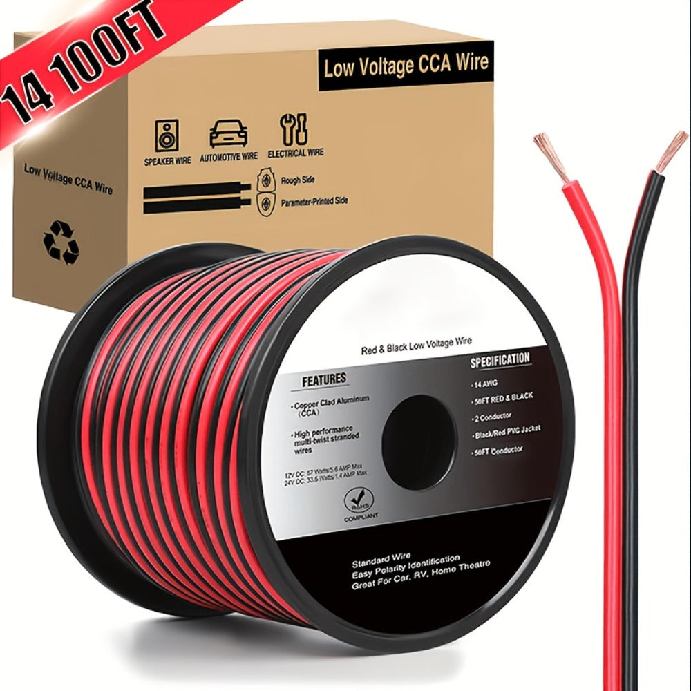 CCA Speaker Wire 16AWG – Red & Black Copper Clad Aluminum 2-Conductor DC Cable for Car Audio, Radio, Amplifier & Home LED Strip Lights (12V/24V, Flexible Spool)
