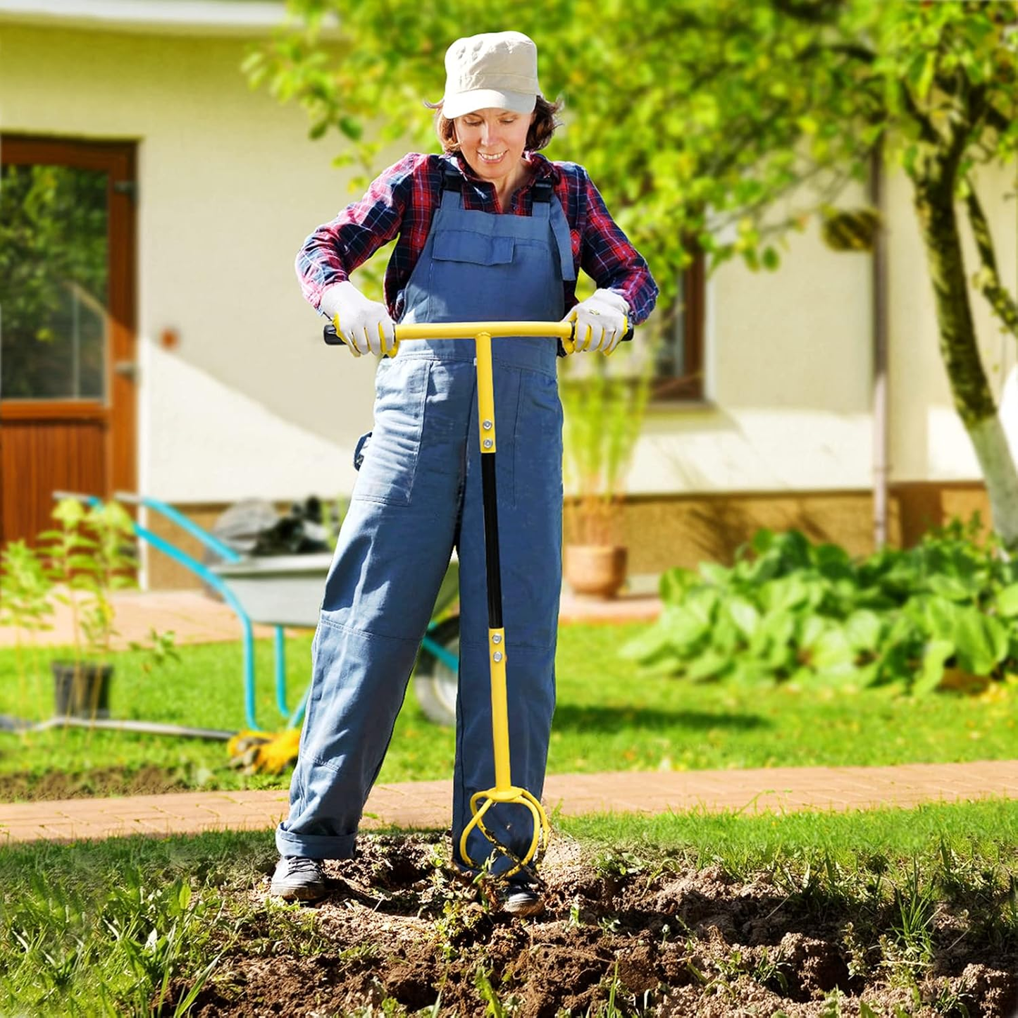 Yellow Manual Twist Tiller with Four Curved Soil Claws, T-Handle and Detachable Three-Section Shaft