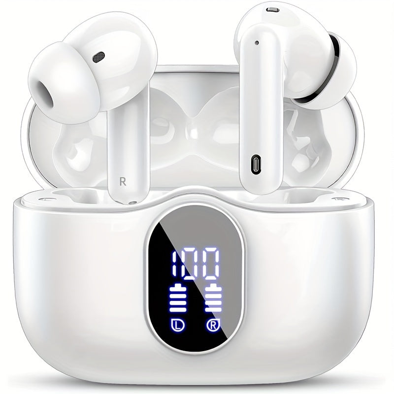 Wireless Earphones Bluetooth 5.3, 40-Hour Playtime, Bass Stereo Sound, LED Display, Noise-Cancelling Mic, Type-C Charging - In-Ear Earphones for Laptop, Tablet, Phone & Sports