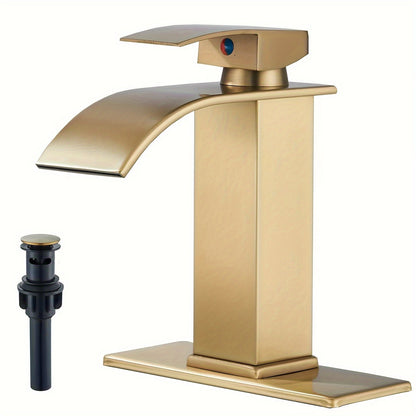 Single-Handle Waterfall Bathroom Faucet with Deck Plate, Drain Options and Single or Two-Piece Finishes