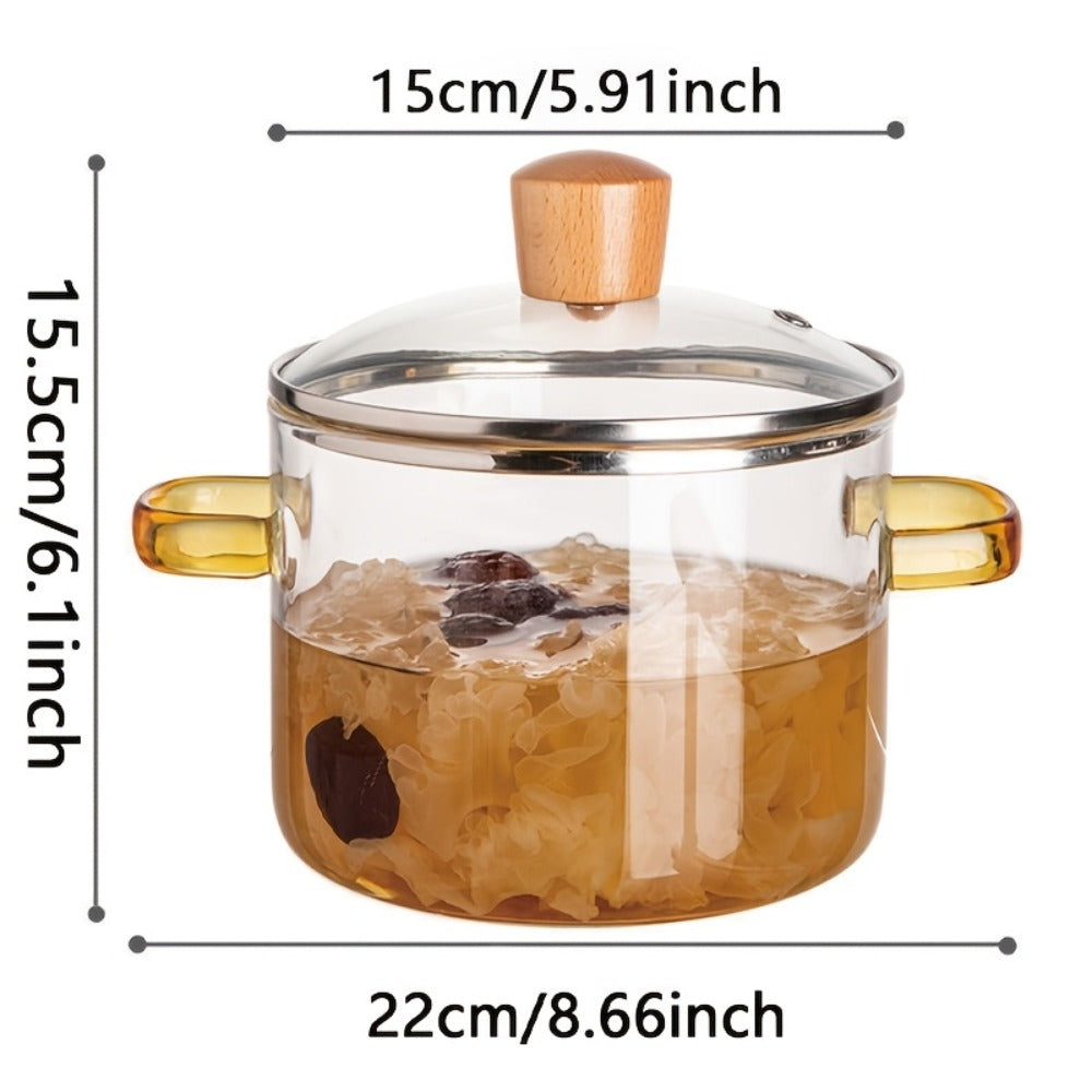 Glass Cooking Pot 54oz 1600ml Borosilicate Heat-Resistant with Lid – Transparent Dumpling & Ramen Pot for Stove & Oven | Odorless Easy-Clean Soup Milk Pot with Green or Yellow Stainless Steel Handle