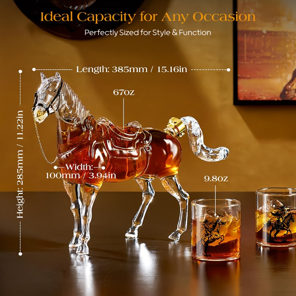 Horse Whiskey Decanter Set with Clear 67 oz Horse-Shaped Bottle and Two 9.8 oz Cowboy Glasses for a Western Bar Display