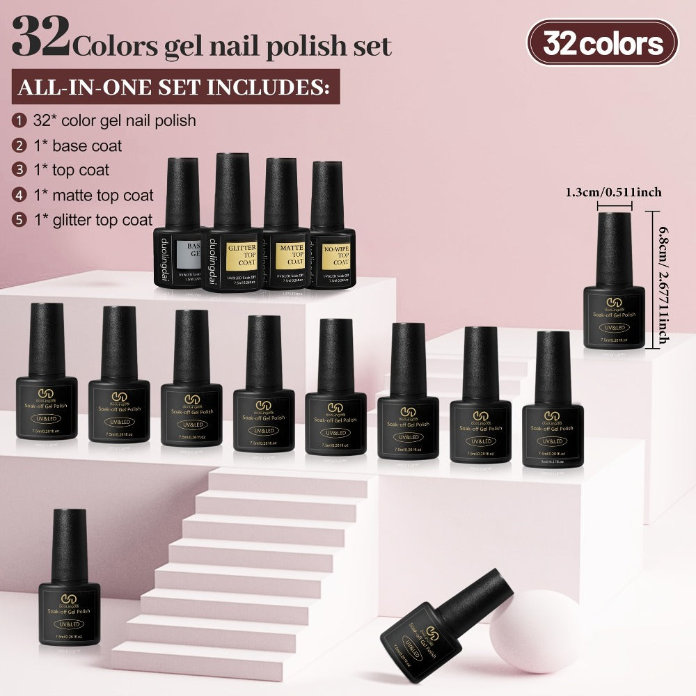 Gel Nail Polish 36-Piece Kit with 32 Colors, Base Coat and Three Top Coat Finishes for Home and Salon Use