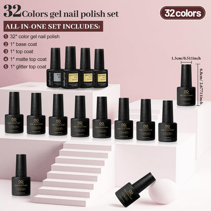 Gel Nail Polish 36-Piece Kit with 32 Colors, Base Coat and Three Top Coat Finishes for Home and Salon Use