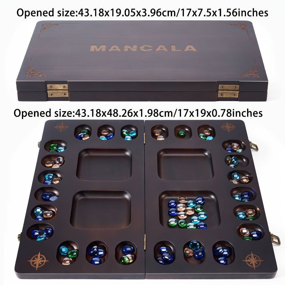 4-Player Mancala Game Set – Premium Solid Wood Folding Board with 108 Multi-Color Glass Stone Beads & Instructions, Upgraded Multiplayer Strategy Game for Teens & Adults, Perfect Family Gift Ages 14+