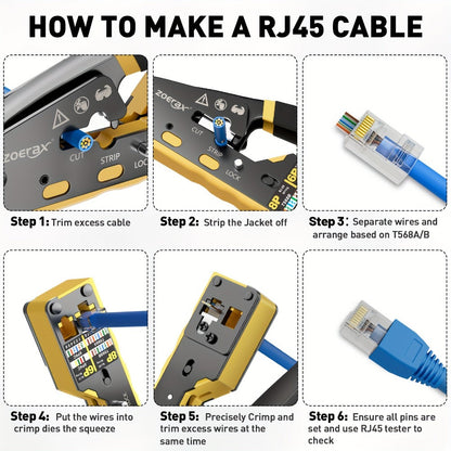 RJ45 Pass-Through Crimping Tool Kit with Cable Tester, Wire Stripper, Pliers and 50 Connectors