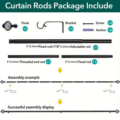 Black Adjustable Curtain Rod with Lattice Finials and Four Length Ranges from 18–32 to 34–152 Inches