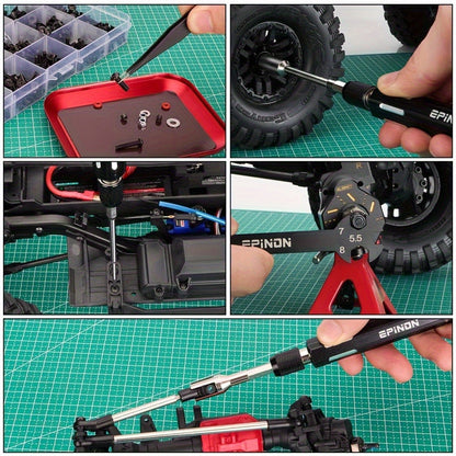 RC Car Maintenance Stand Tool Kit EPINON 360° Rotating Work Stand 520PCS Screw Set Aluminum Screwdriver Bits Compatible with 1/8 1/10 1/12 1/16 1/18 Traxxas Arrma Axial RC Cars Crawlers Trucks Red Blue