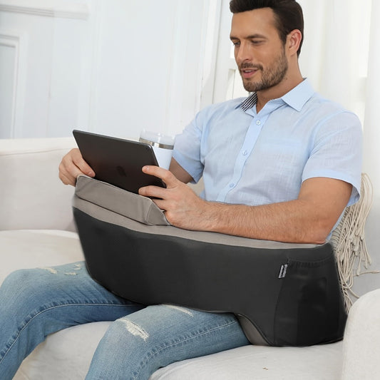 Reading Pillow with Armrests Ergonomic Bed Rest Pillow Back Support Cushion Side Pockets Cup Holder Washable Cover for Gaming Reading Working Sofa Bed Black Grey